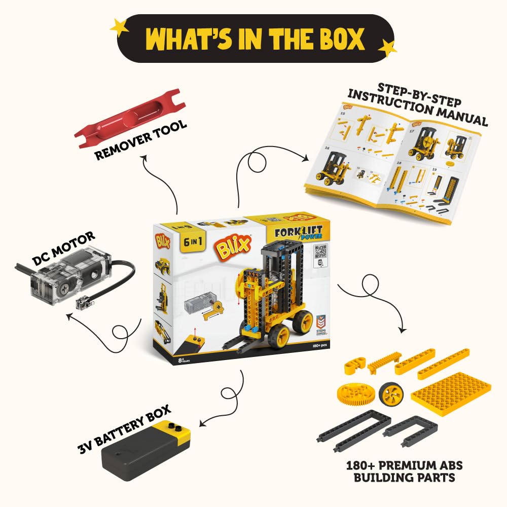 BLIX Motorized Forklift Construction Set | 6-in-1 STEM Building Kit with 180 ABS Parts | Rack & Pinion Learning Toy for Kids Age 8+