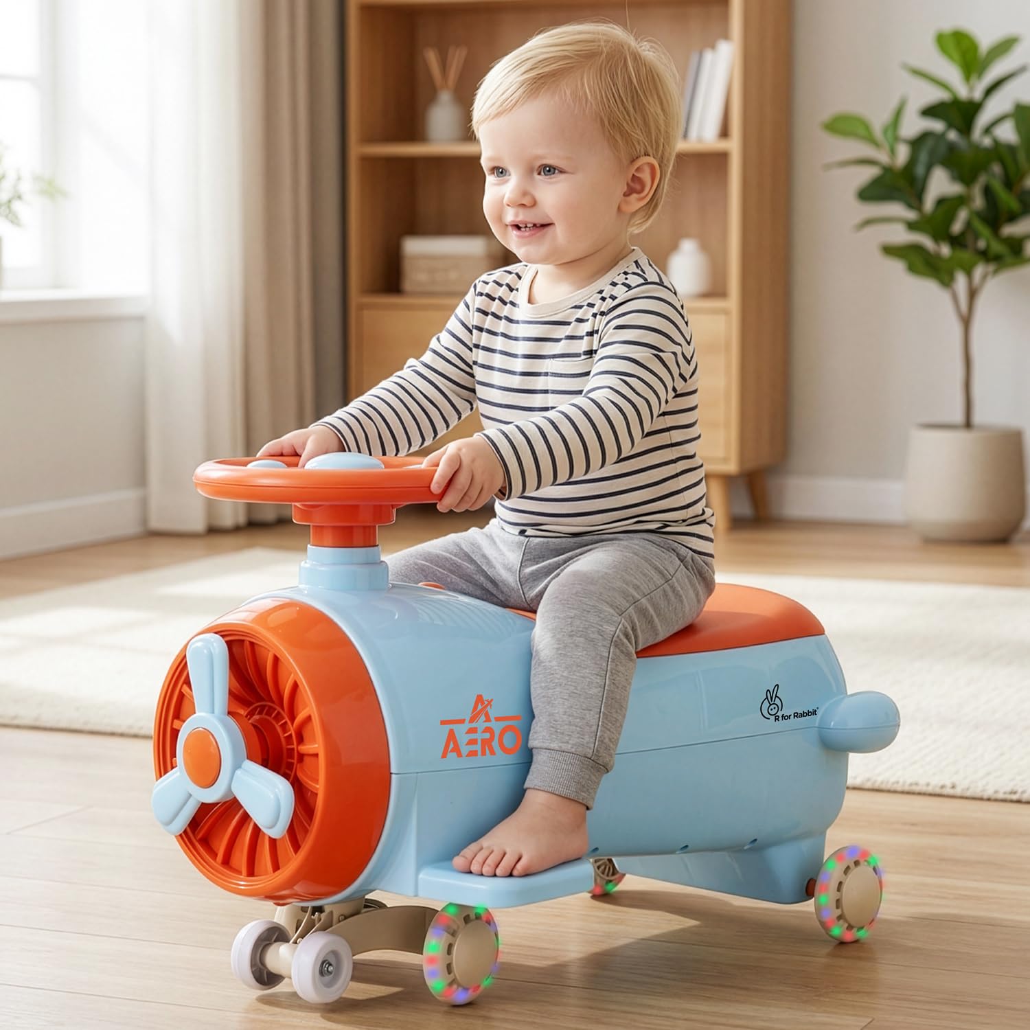 R for Rabbit Iya Iya Aero 2-in-1 Swing Car Ride-On for Kids (2+ Years) | ISI Certified, PU LED Wheels, ABEC-7 Bearings, Toy Storage | Up to 75 kg | Blue Orange