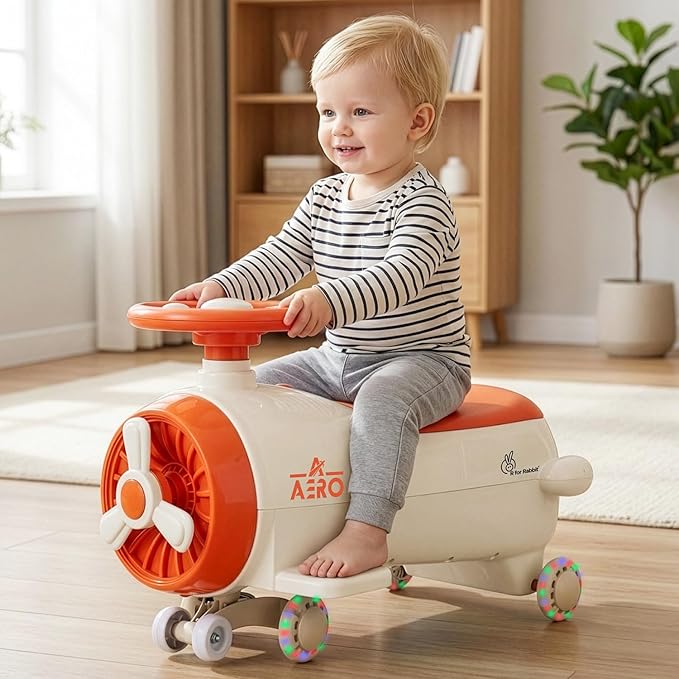 R for Rabbit Iya Iya Aero 2-in-1 Swing Car Ride-On for Kids (2+ Years) | ISI Certified, PU LED Wheels, ABEC-7 Bearings, Toy Storage | Up to 75 kg | Cream Orange