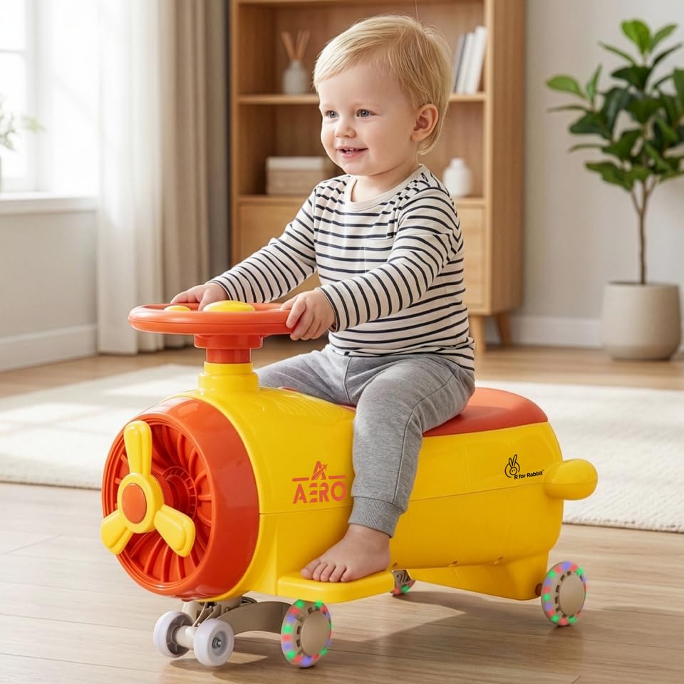 R for Rabbit Iya Iya Aero 2-in-1 Swing Car Ride-On for Kids (2+ Years) | ISI Certified, PU LED Wheels, ABEC-7 Bearings, Toy Storage | Up to 75 kg | Yellow Orange
