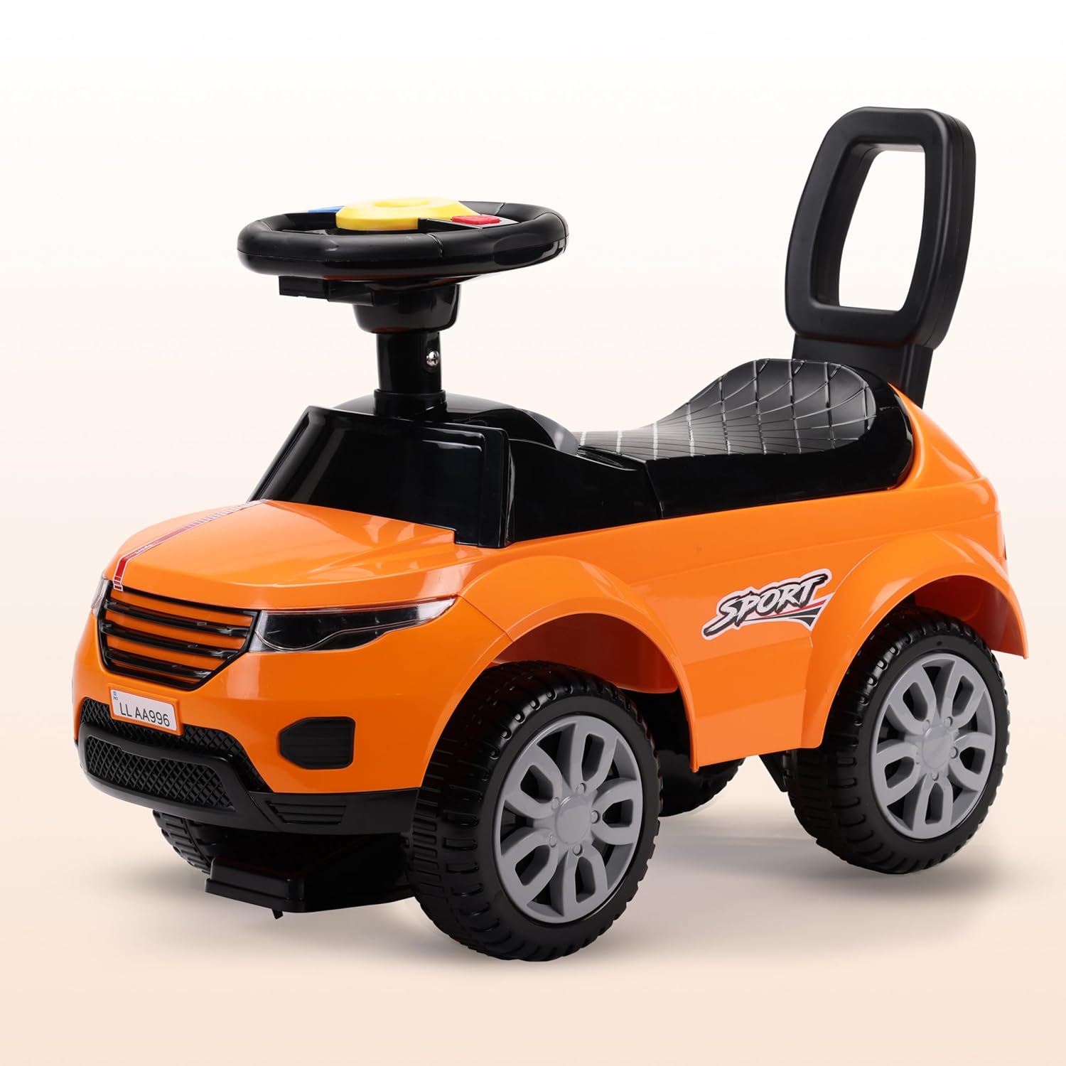 LuvLap Starlight Ride-On Push Car for Kids with Music, Horn & Lights | Parent Push Handle, Safety Guard, Backrest, Under-Seat Storage | Baby Ride-On Toy Orange