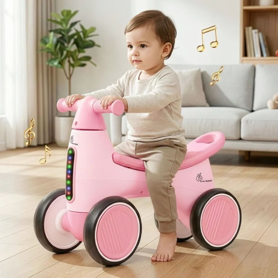 R for Rabbit Speedster Glider Baby Ride-On Push Car for Kids (1-4 Years) | Music, LED Lights, EVA Wheels, Toy Storage | BPA-Free | Up to 20 kg - Pink
