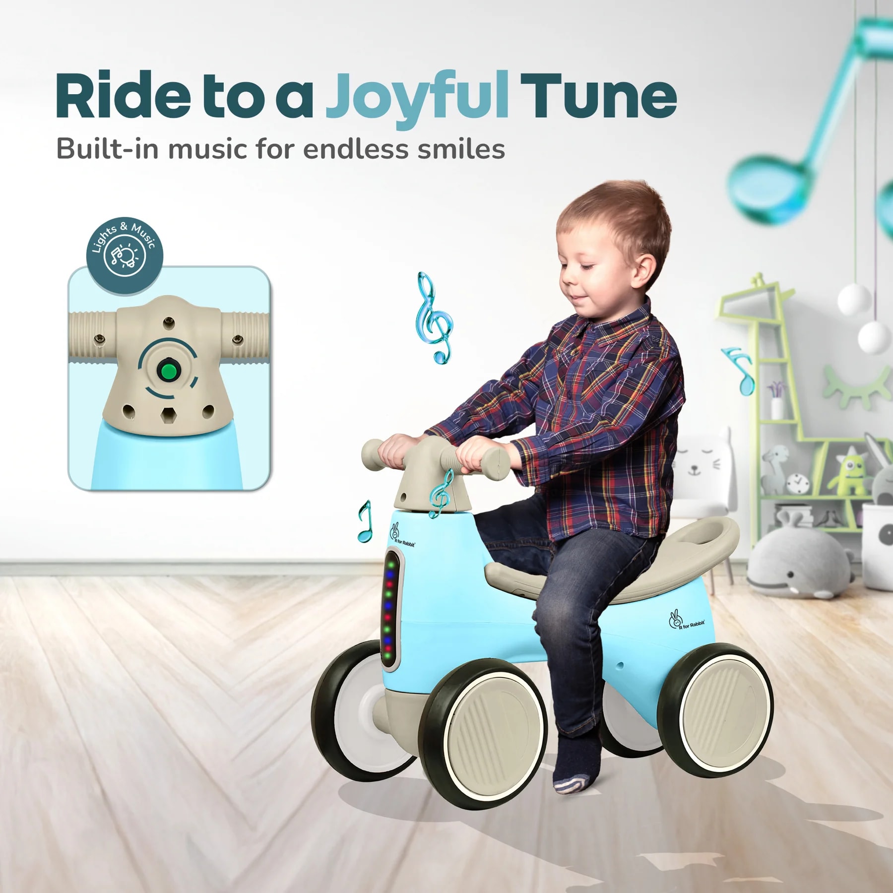 R for Rabbit Speedster Glider Baby Ride-On Push Car for Kids (1-4 Years) | Music, LED Lights, EVA Wheels, Toy Storage | BPA-Free | Up to 20 kg - Blue