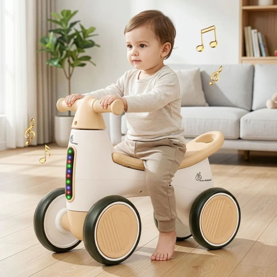 R for Rabbit Speedster Glider Baby Ride-On Push Car for Kids (1-4 Years) | Music, LED Lights, EVA Wheels, Toy Storage | BPA-Free | Up to 20 kg - Beige
