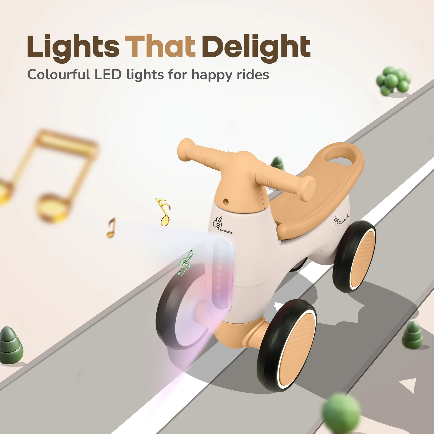 R for Rabbit Speedster Glider Baby Ride-On Push Car for Kids (1-4 Years) | Music, LED Lights, EVA Wheels, Toy Storage | BPA-Free | Up to 20 kg - Beige