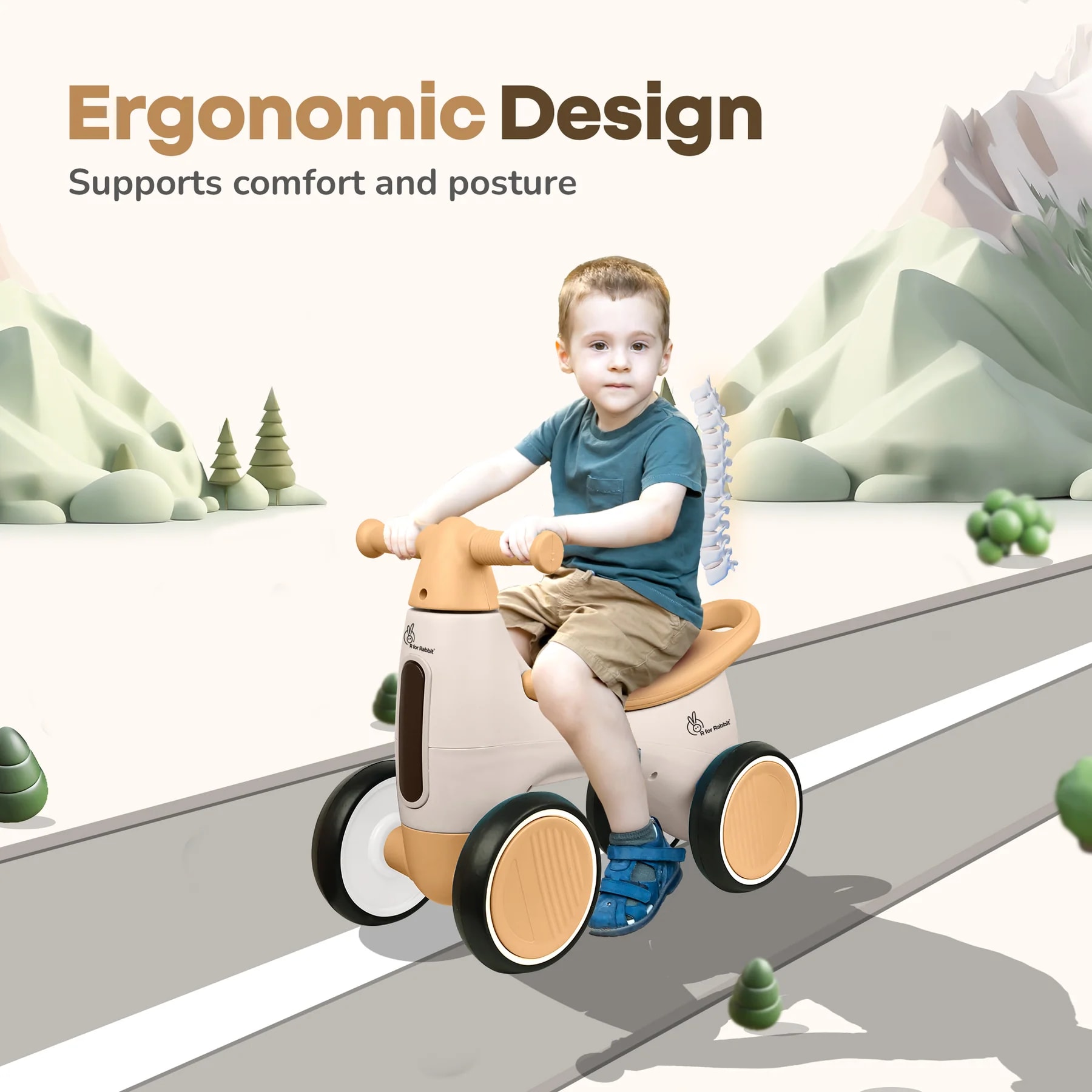 R for Rabbit Speedster Glider Baby Ride-On Push Car for Kids (1-4 Years) | Music, LED Lights, EVA Wheels, Toy Storage | BPA-Free | Up to 20 kg - Beige
