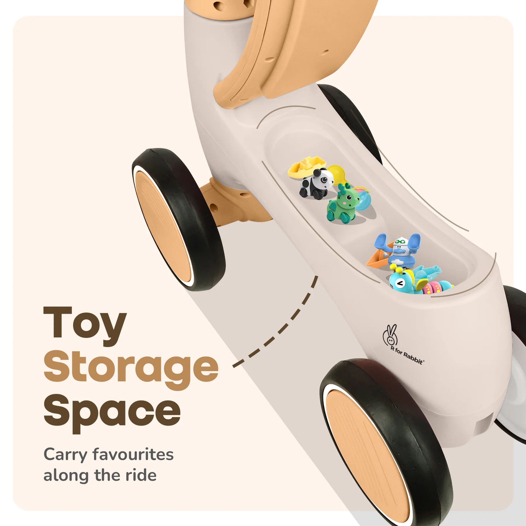 R for Rabbit Speedster Glider Baby Ride-On Push Car for Kids (1-4 Years) | Music, LED Lights, EVA Wheels, Toy Storage | BPA-Free | Up to 20 kg - Beige