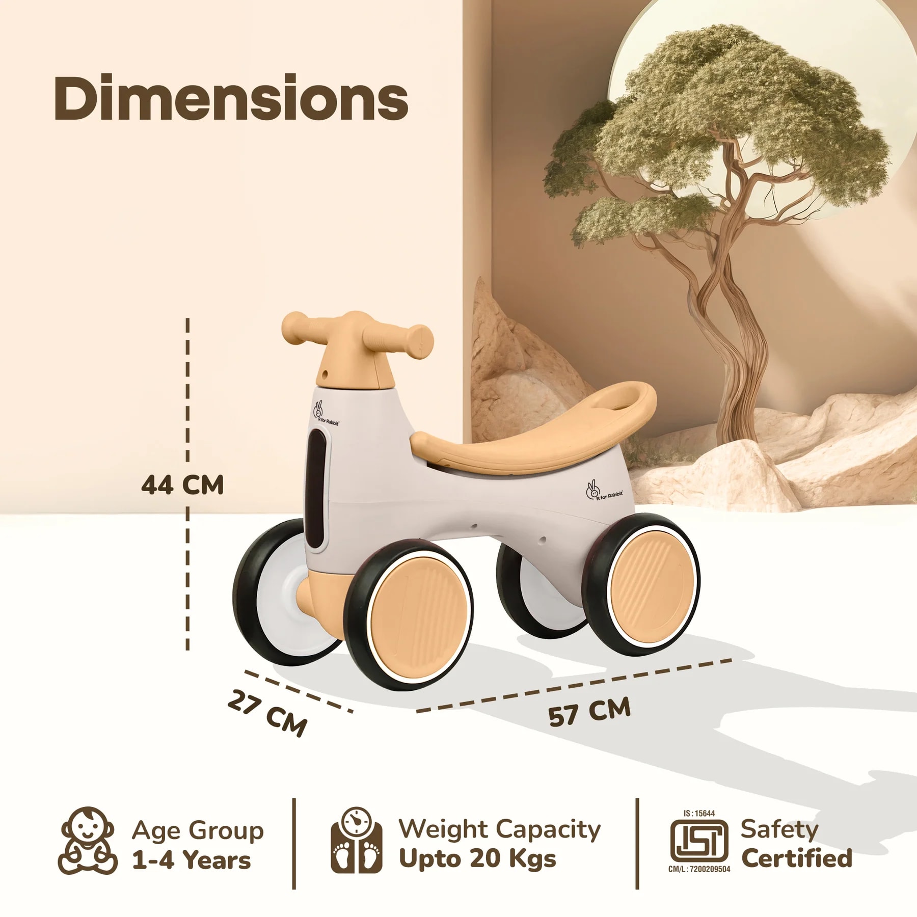 R for Rabbit Speedster Glider Baby Ride-On Push Car for Kids (1-4 Years) | Music, LED Lights, EVA Wheels, Toy Storage | BPA-Free | Up to 20 kg - Beige