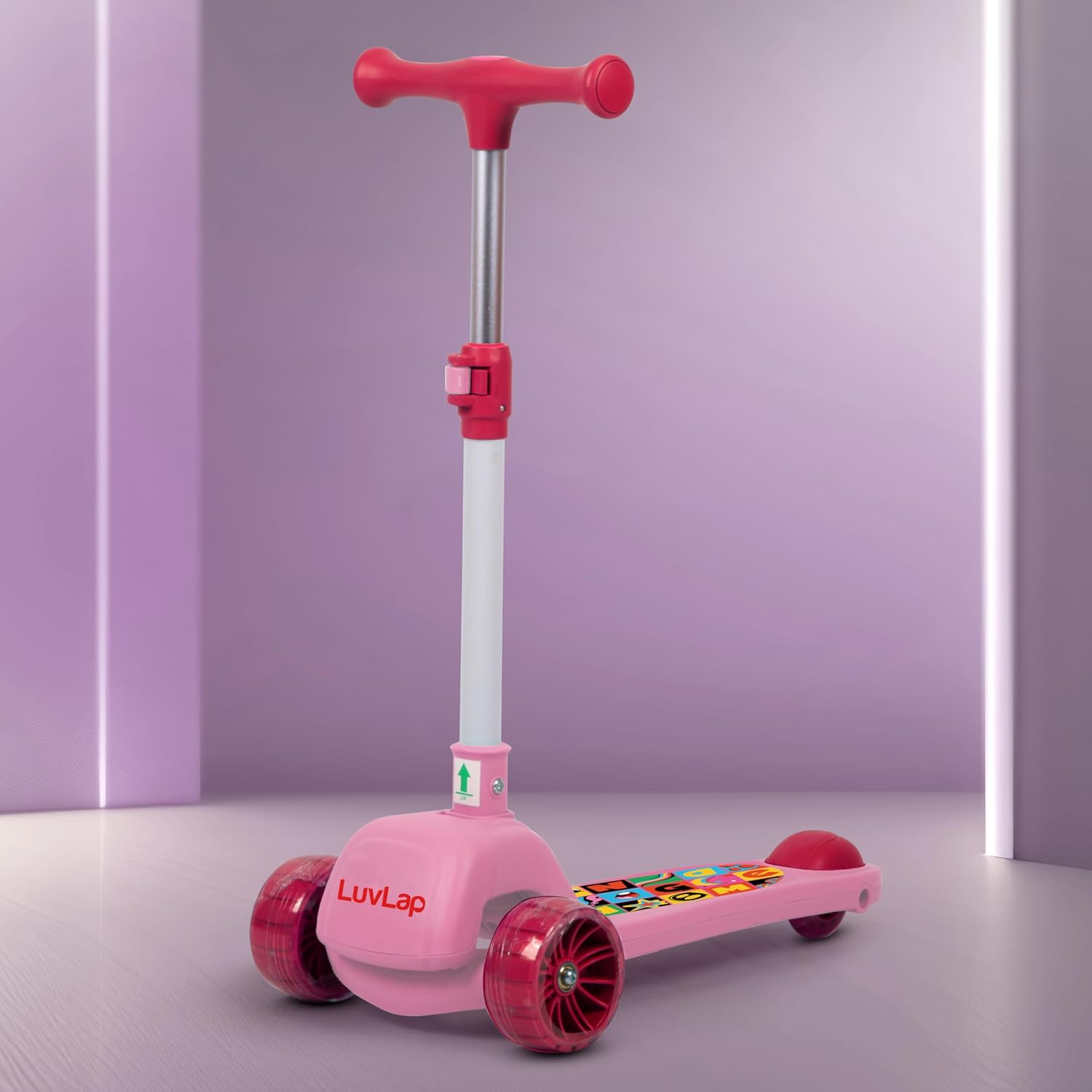 LuvLap Elegant 3-Wheel Kick Scooter for Kids (3-10 Years) | LED Wheels, Adjustable Handlebar, Lean-to-Steer, Wide Anti-Slip Deck & ABEC-7 Bearings - Pink