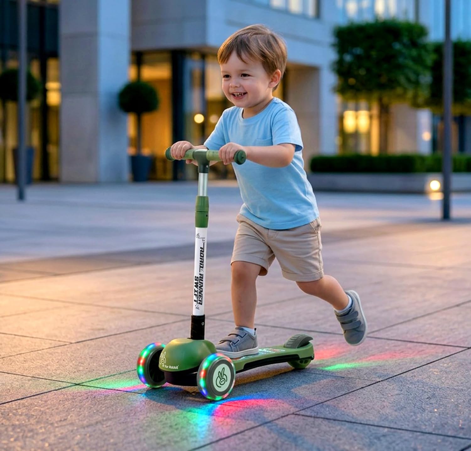 R for Rabbit Road Runner Swift 3-Wheel Kick Scooter for Kids (3+ Years) | BIS Certified, PU LED Wheels, Smart Fold, 3-Level Adjustable Handlebar & Rear Brake - Military Green