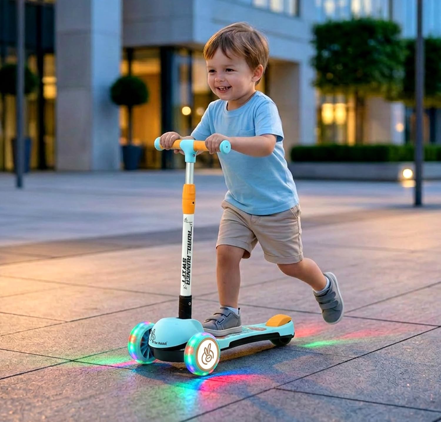 R for Rabbit Road Runner Swift 3-Wheel Kick Scooter for Kids (3+ Years) | BIS Certified, PU LED Wheels, Smart Fold, 3-Level Adjustable Handlebar & Rear Brake - Blue Orange