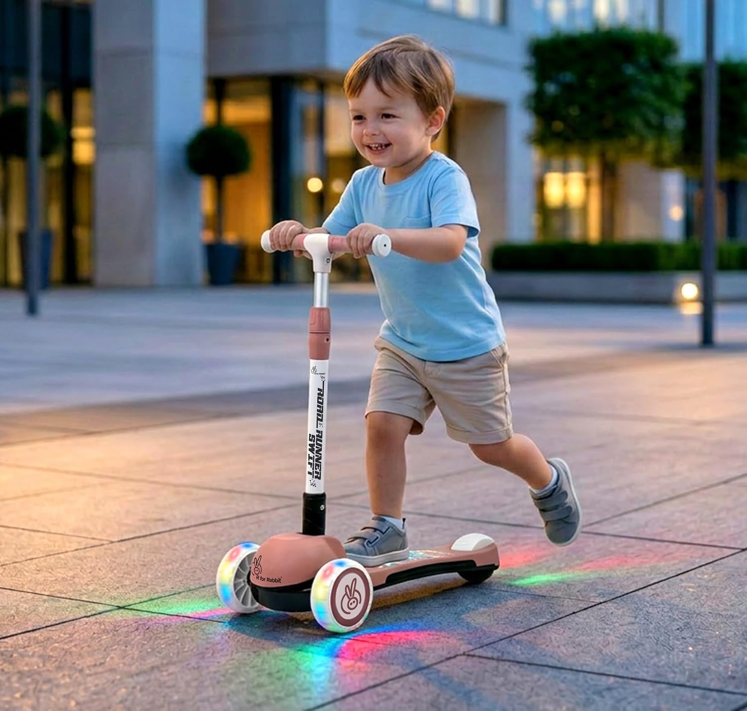 R for Rabbit Road Runner Swift 3-Wheel Kick Scooter for Kids (3+ Years) | BIS Certified, PU LED Wheels, Smart Fold, 3-Level Adjustable Handlebar & Rear Brake - Dusty Rose