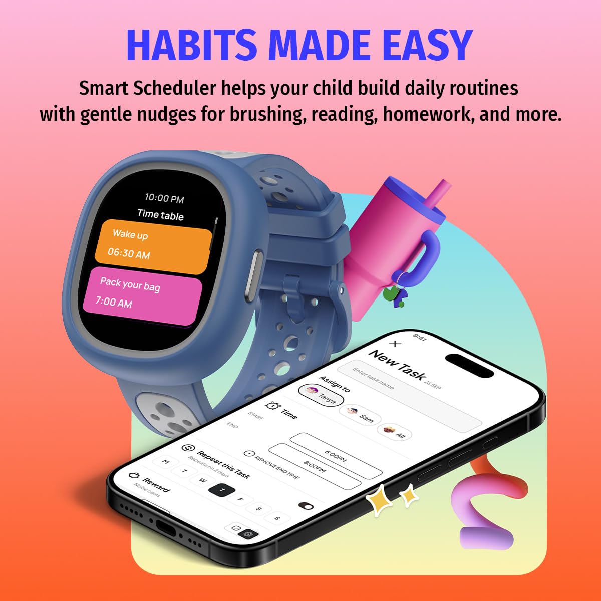 Noise Junior Champ 3 Smart Watch for Kids Black Blaze | 3-in-1 Look with 2 Switchable Bumpers, in-Built Learning Hub, Habit Builder, Exam & School Mode, SOS, 100+ Cloud Faces, Parental Control