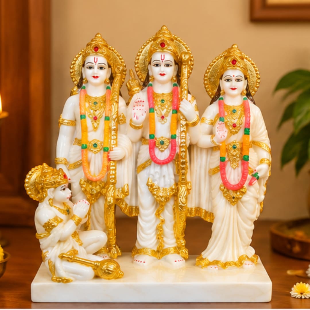 Premium White & Gold Ram Darbar Idol with Lord Ram, Sita, Lakshman & Hanuman | 11 Inch Resin Statue with Marble Finish for Home Temple & Gifting