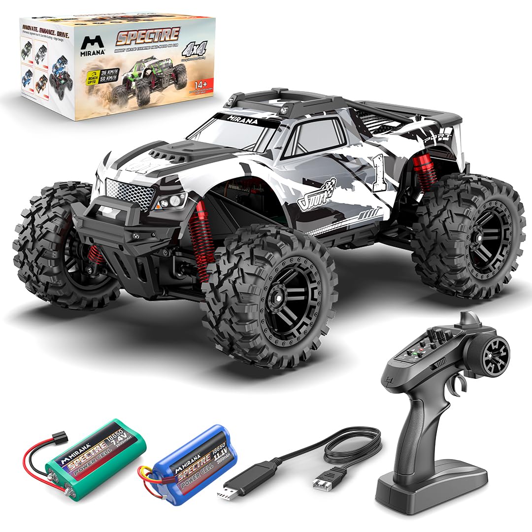 Mirana Spectre 1:10 High Speed 4x4 RC Monster Truck - 50 kmph Hobby Grade Remote Control Offroad Car with Rechargeable Batteries - Silver - Ages 14+