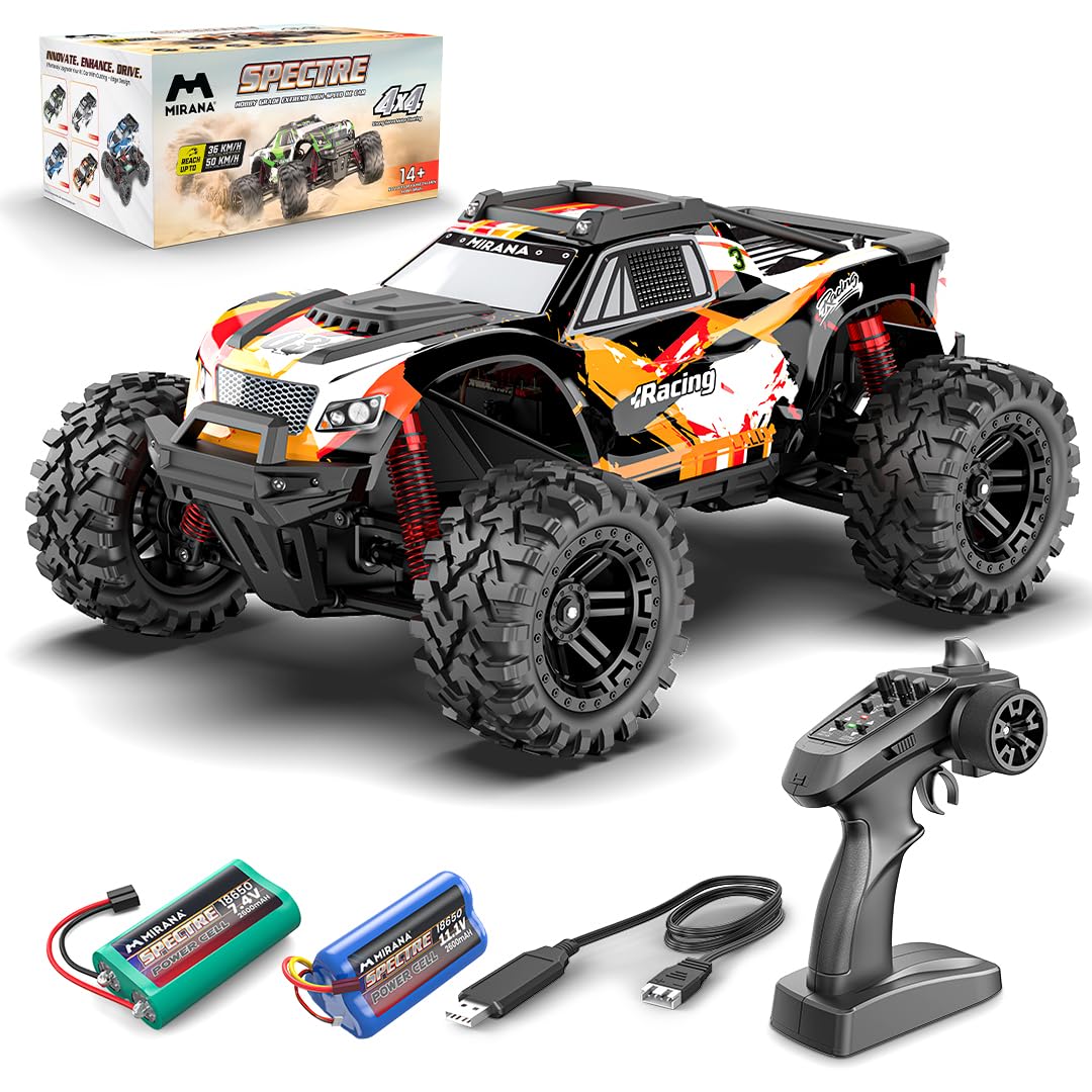 Mirana Spectre 1:10 High Speed 4x4 RC Monster Truck - 50 kmph Hobby Grade Remote Control Offroad Car with Rechargeable Batteries - Orange - Ages 14+