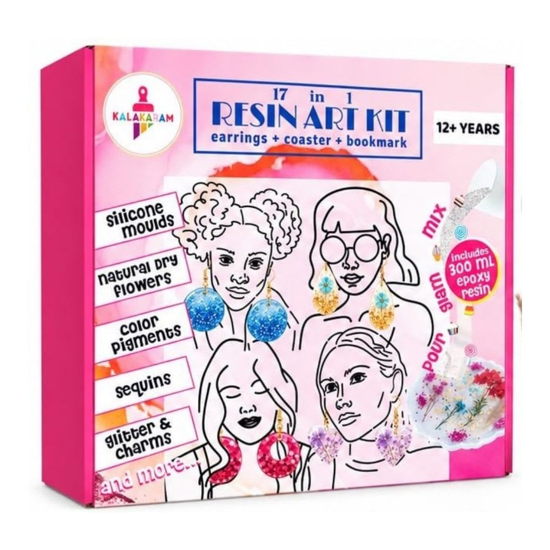 Kalakaram 17-in-1 Resin Art Kit for Girls 12-14 Years | DIY Earring Making, Bookmark, Coaster & Keychain Craft Kit with Epoxy Resin, Silicone Moulds, Glitter, Dry Flowers & Jewellery Accessories