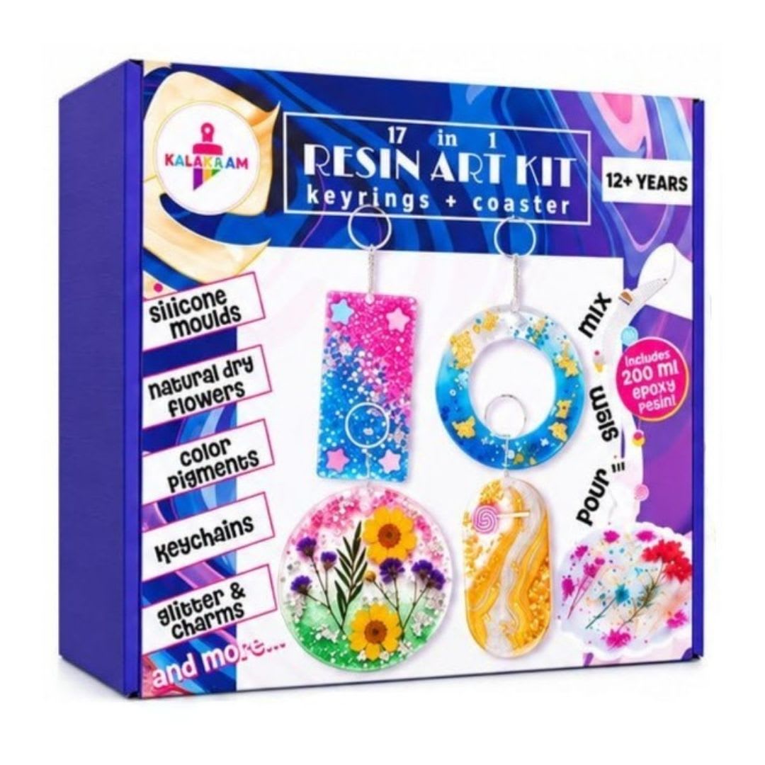 Kalakaram 17-in-1 Keychain Resin Art Kit for Girls 12-14 Years | DIY Epoxy Resin Craft Kit with Keychain & Coaster Moulds, Glitter, Mica Powder, Dry Flowers & 6 Keychains