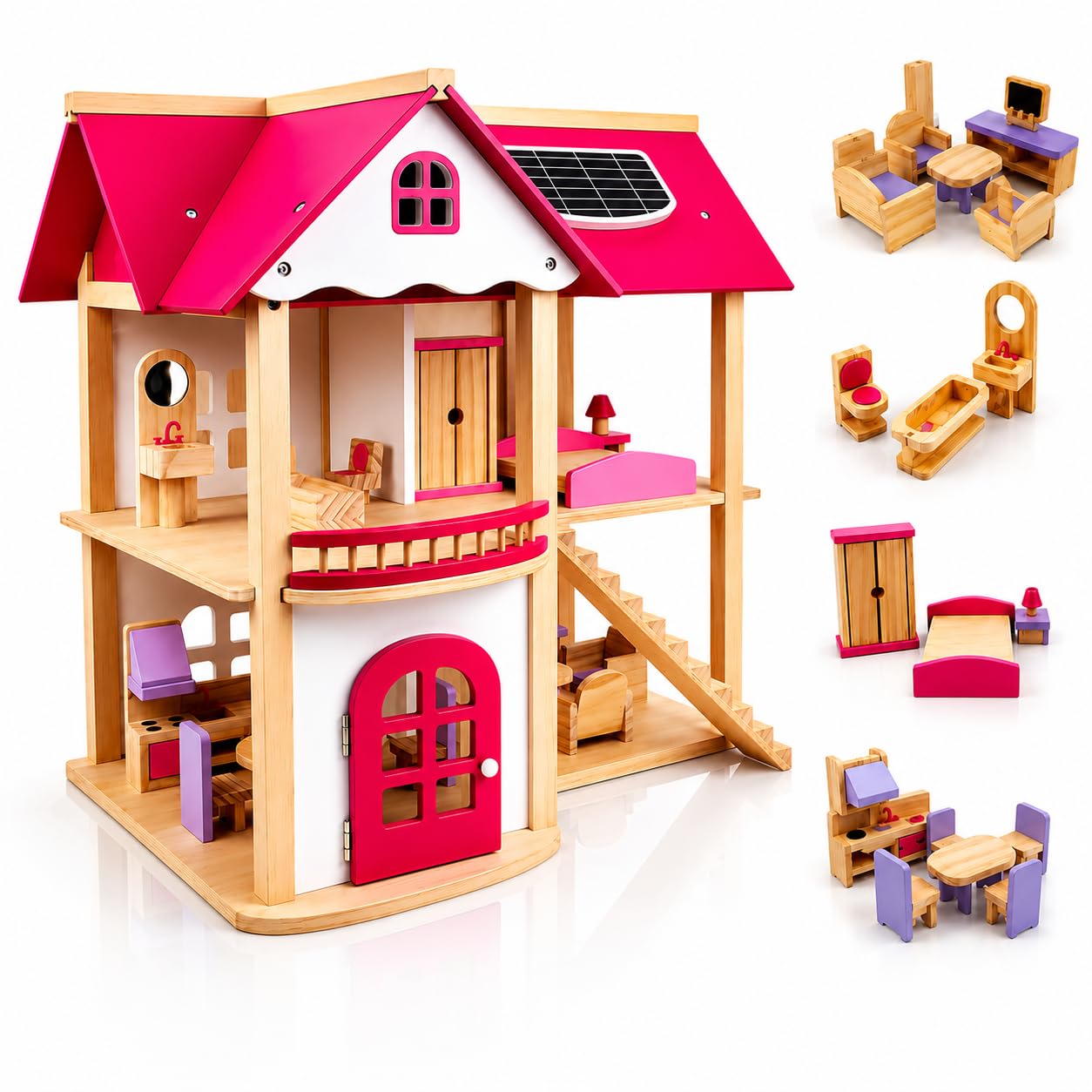 Wooden Doll House Playset for Kids with Furniture Accessories | Miniature Pretend Play House with Opening Door, DIY Customizable Wooden Dollhouse for Boys and Girls Ages 3+