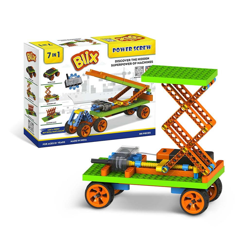 BLIX Power Screw 7-in-1 DIY STEM Construction Toy for Kids Ages 8+ | 186+ Plastic Building Parts | Educational Engineering and Mechanical Assembly Kit | Creative Learning Activity and Birthday Gift