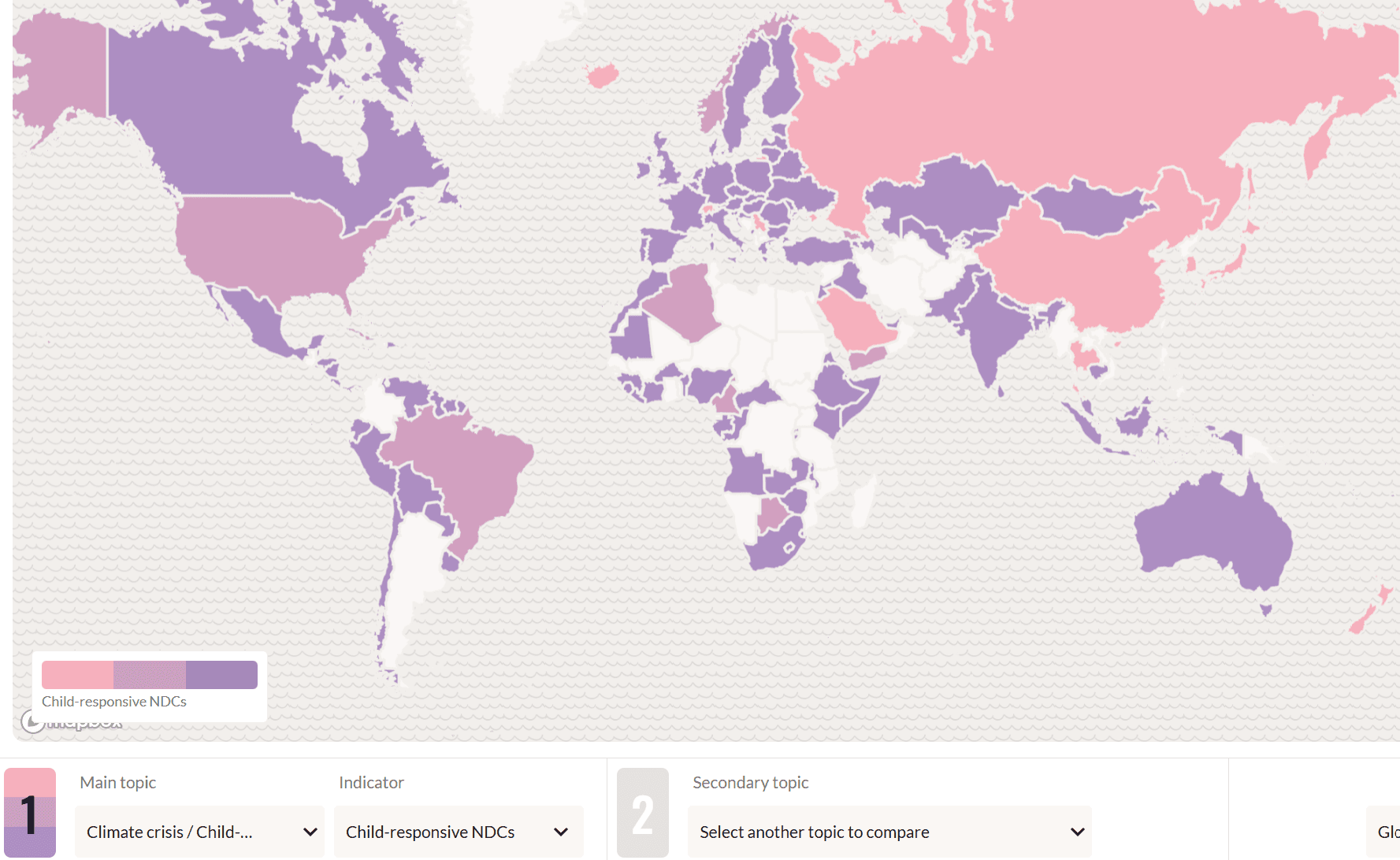 Screenshot of the Child Atlas map showing countries with child-responsive NDCs