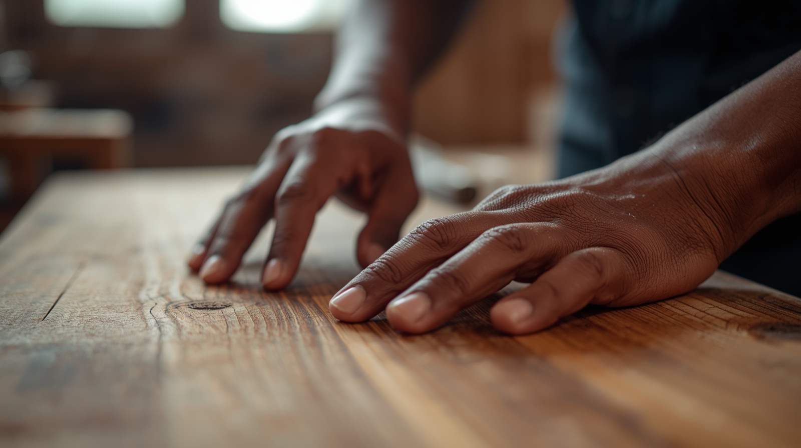 Craftsman's hands feeling wood grain