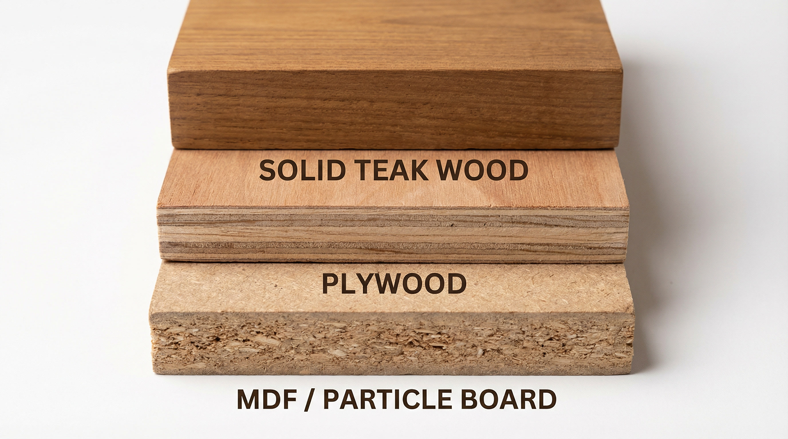 Visual guide showing solid wood, plywood, and MDF particle board for furniture buying decisions in Nepal