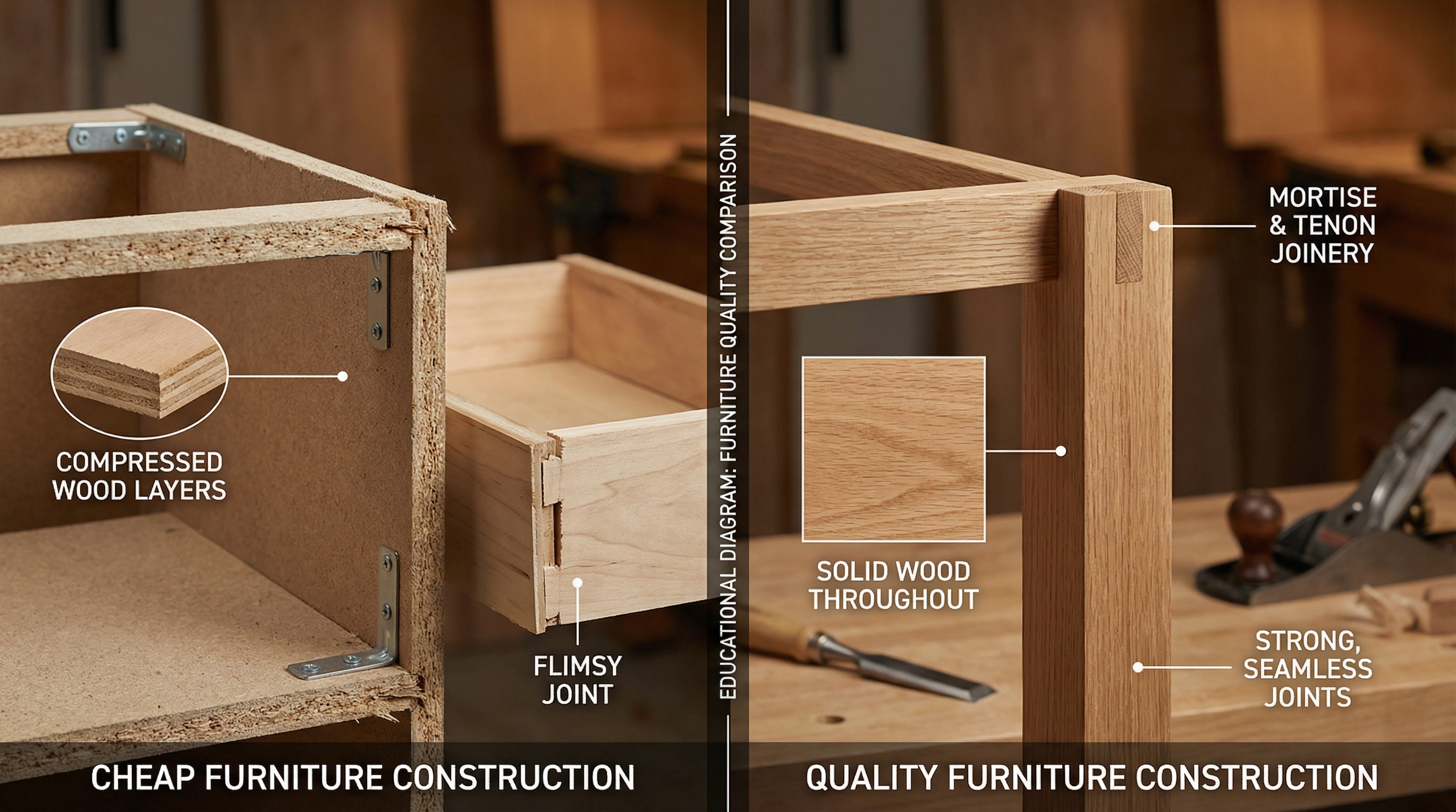 Comparison of cheap furniture construction with screws versus quality furniture with mortise-tenon joinery in Nepal