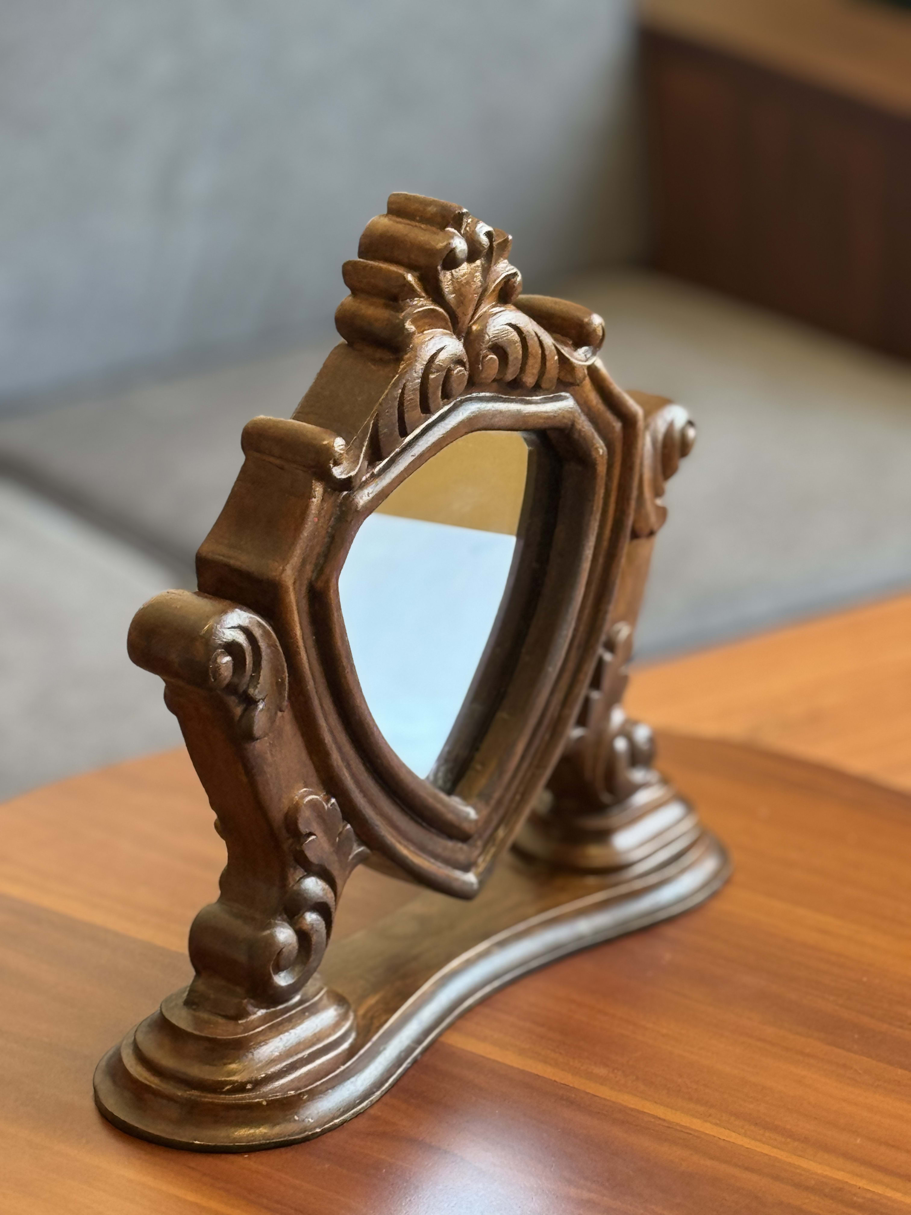 Small makeup mirror with teak frame