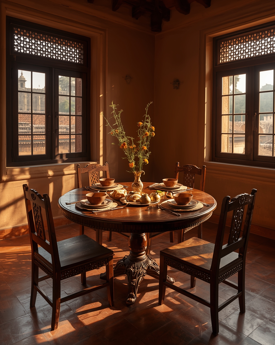 Dining area visualization with round teak table