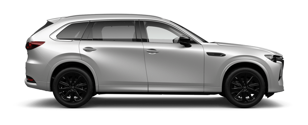 Side view of Mazda CX-80 SP Hybrid in Rhodium White Metallic