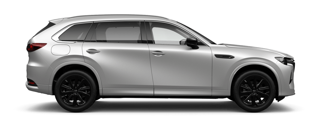 Side view of Mazda CX-80 Homura Plug-In Hybrid in Rhodium White Metallic