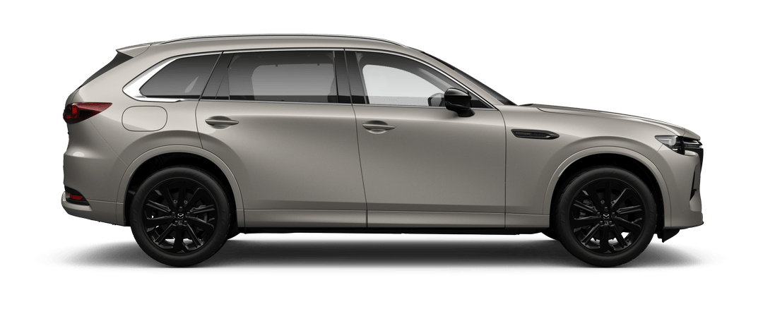 Side view of Mazda CX-80 Homura Plug-In Hybrid in Platinum Quartz Metallic