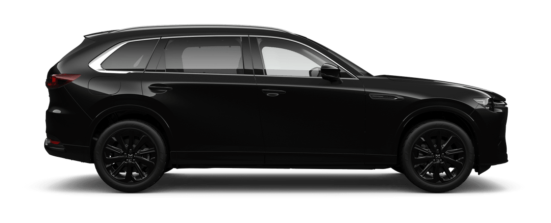 Side view of Mazda CX-80 Homura Plug-In Hybrid in Jet Black Mica