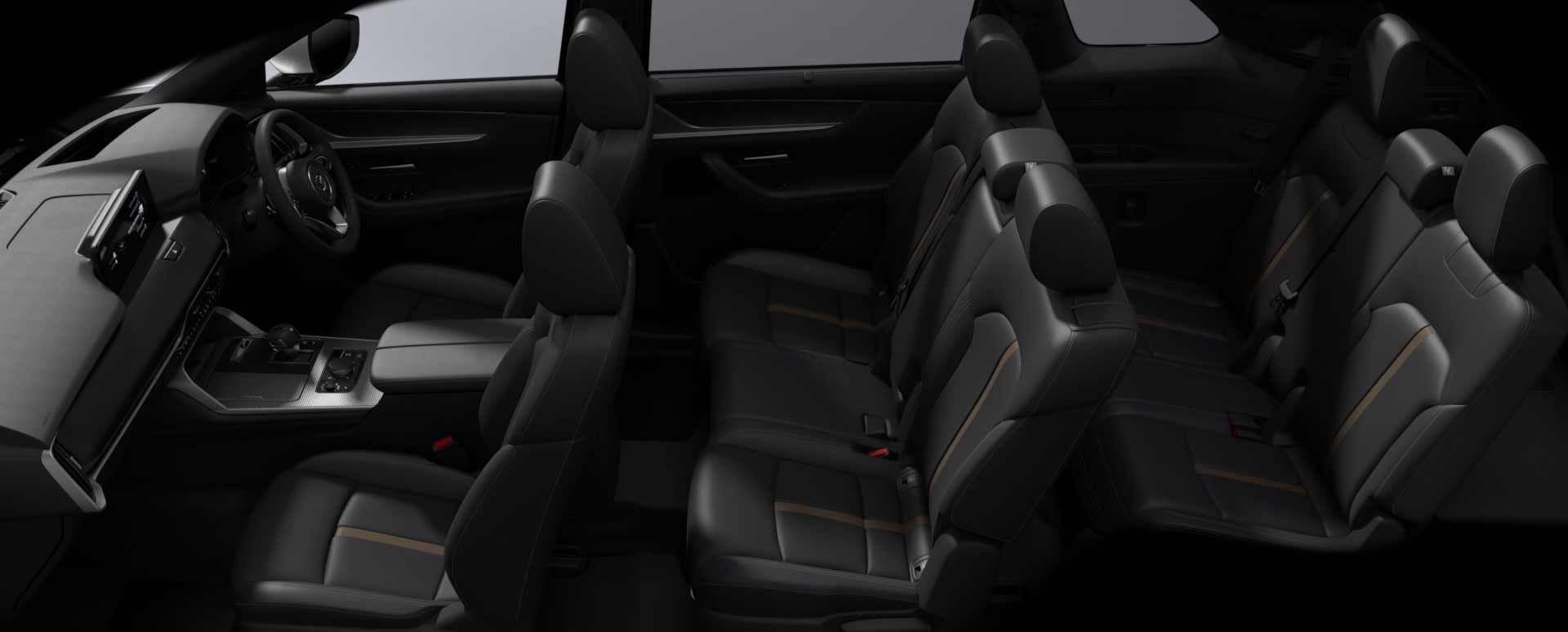 Cut-away view of the interior seats of the Mazda CX-80 7-seat hybrid SUV