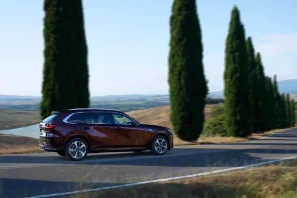 Side view of an Artisan Red Mazda CX-80 7-seat hybrid SUV parked on a road lines with pine trees