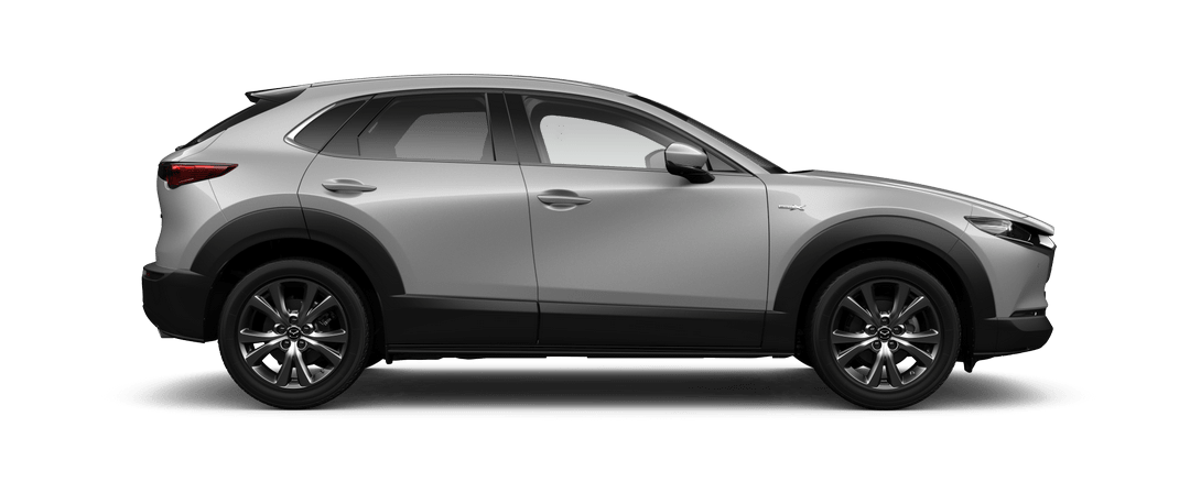 Side view of the Mazda CX-30 Takami AWD in Ceramic Metallic