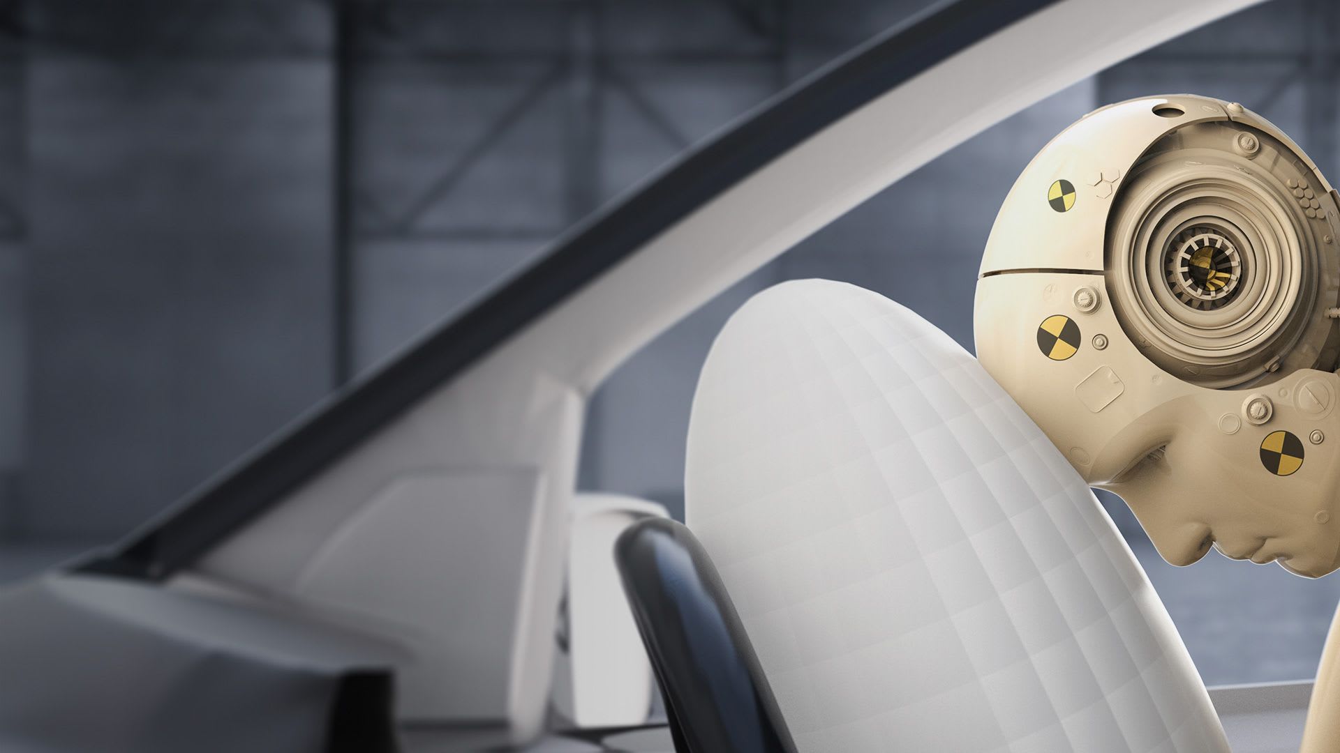 Crash test dummy at the wheel of a Mazda
