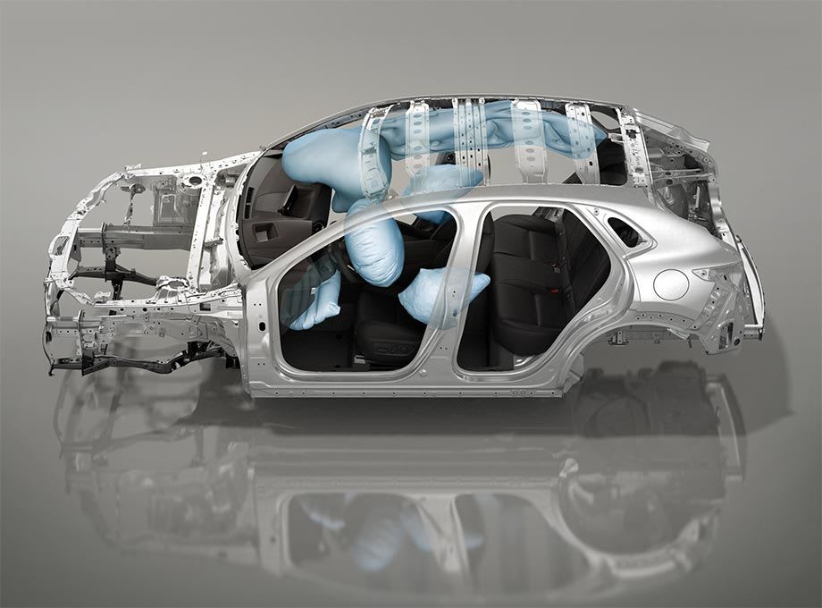 Mazda safety cell showing airbag positions