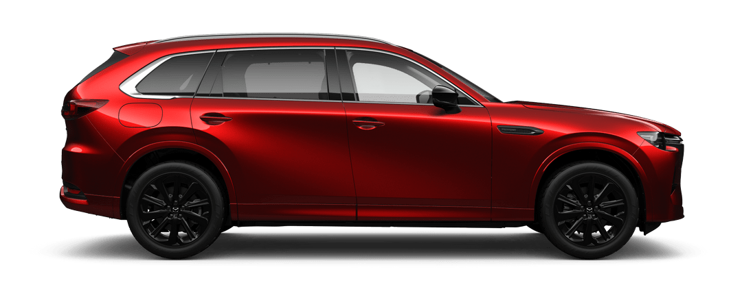 Side view of Mazda CX-80 SP Plug-In Hybrid in Soul Red Crystal Metallic