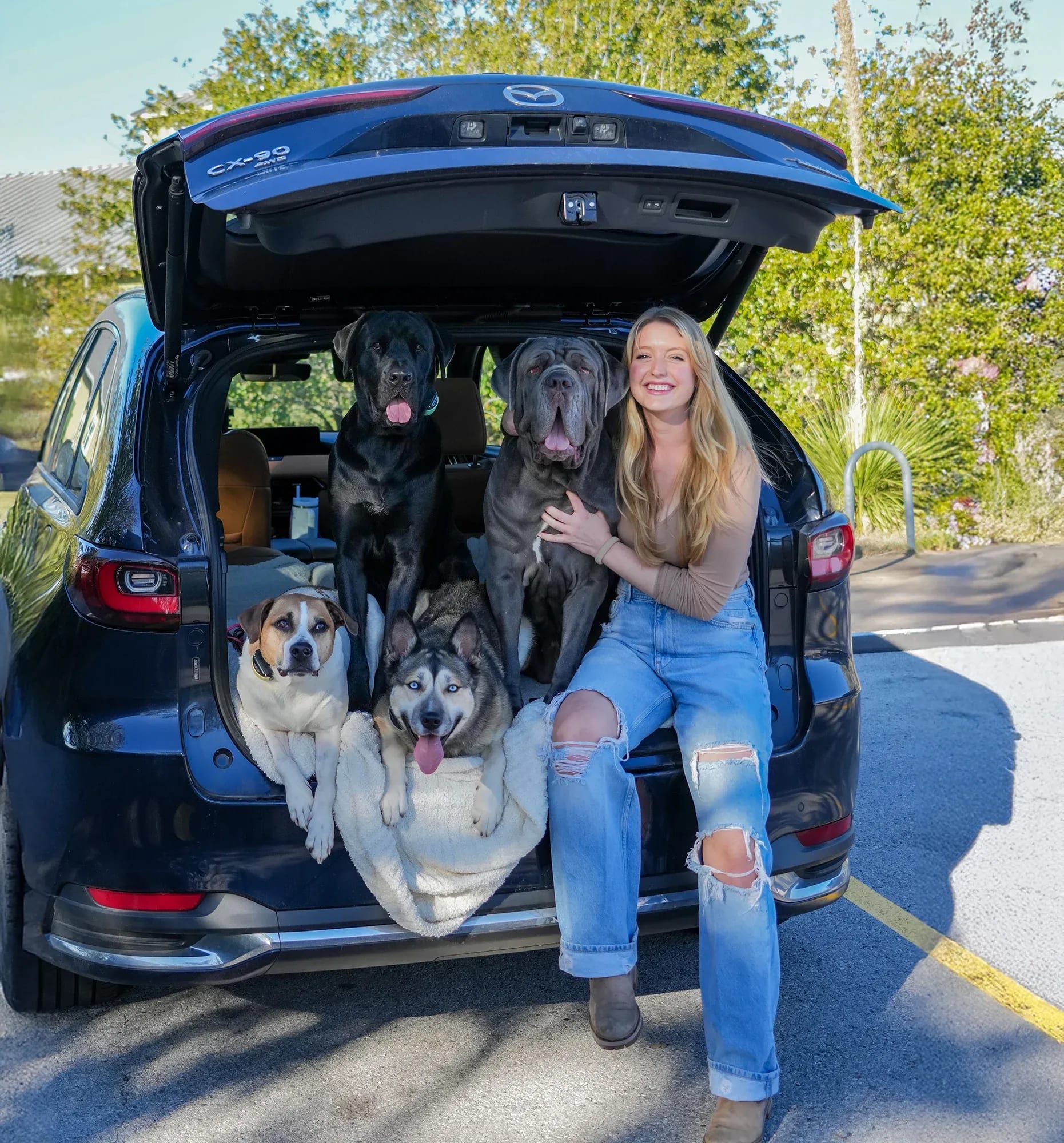 Woman sitting in the boot of her black Mazda with her dogs