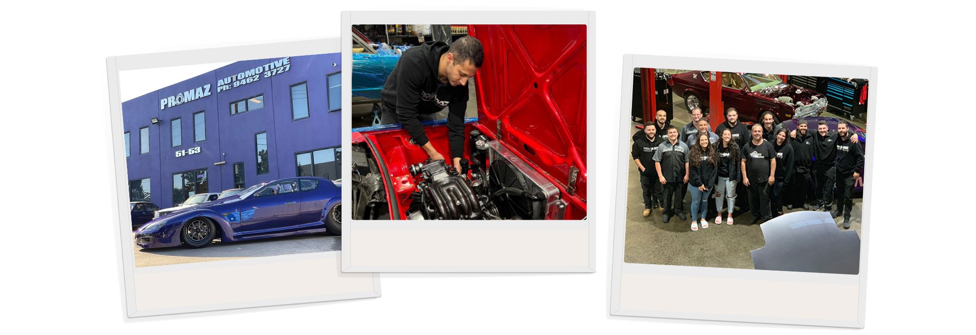 Polaroid collection of Mazda rotary car, workshop team and a man working under the bonnet of a Mazda rotary 