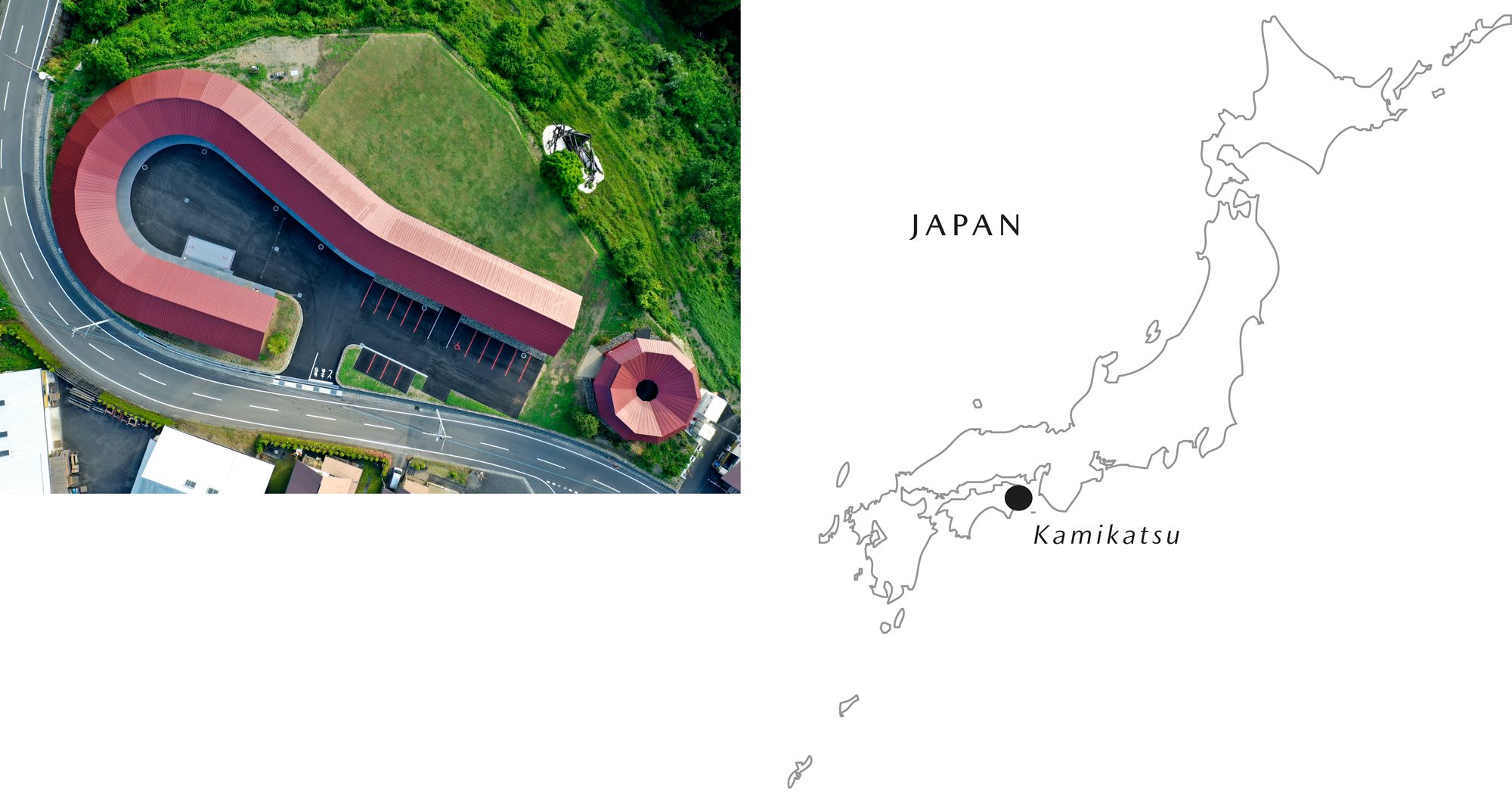 Drone view looking down at a red building in Kamikatsu, Japan shaped like a question mark, alongside a map of Japan