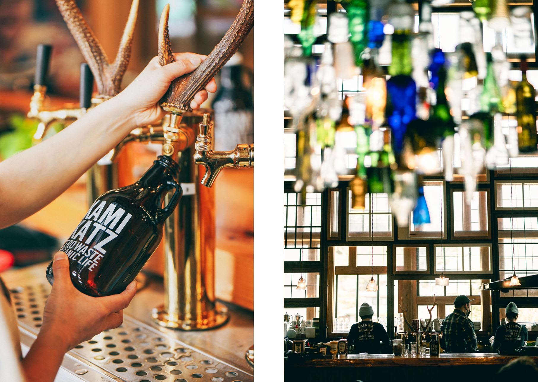 Photo collage: Pouring a beer at the brewery; bottles hanging from the ceiling over the bar at the brewery