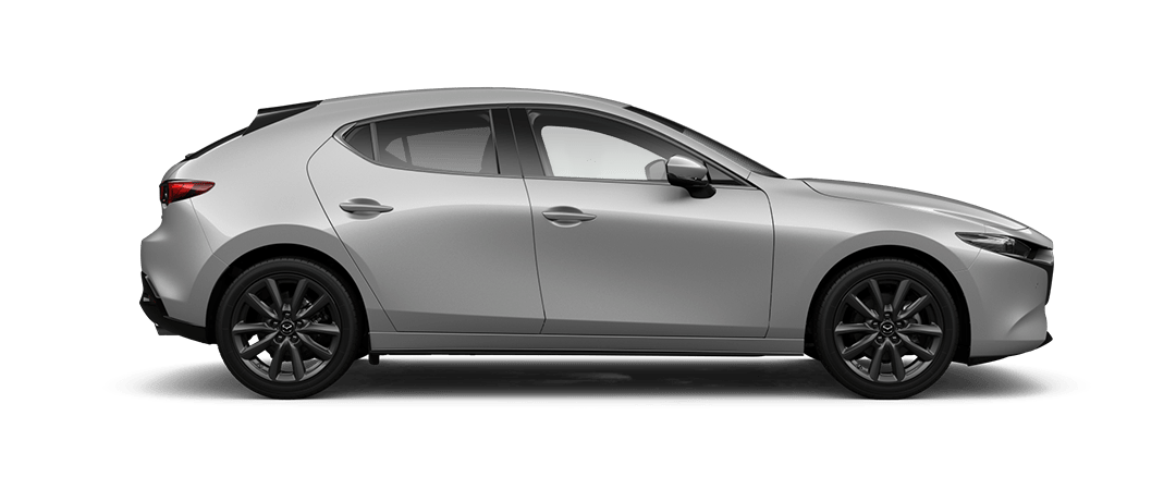 Side view of a Ceramic Metallic Mazda3 Homura hatchback