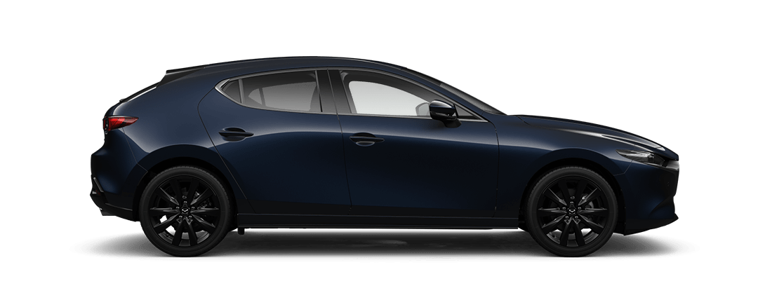 Side view of a Deep Crystal Blue Mazda3 Homura hatchback