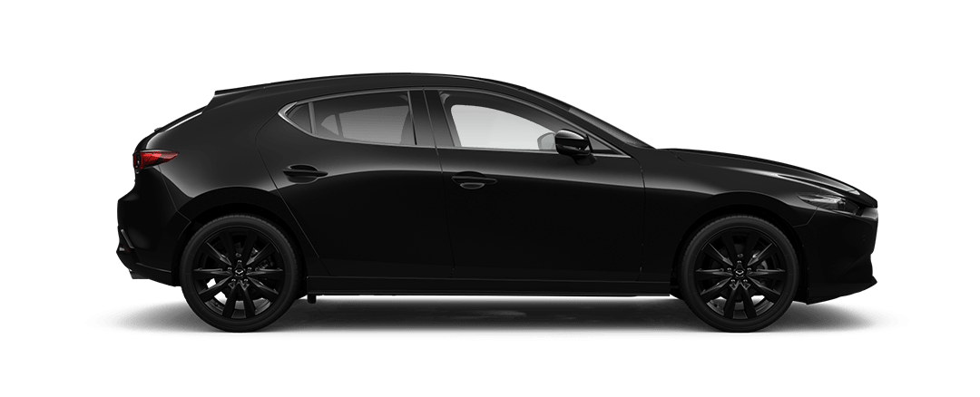 Side view of a Jet Black Mazda3 Homura hatchback