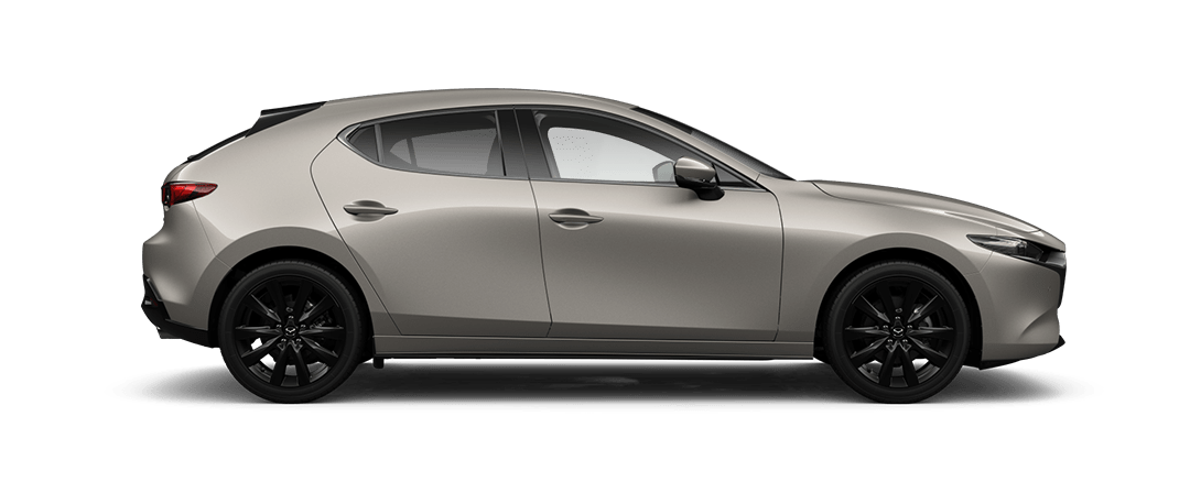Side view of a Platinum Quartz Mazda3 Homura hatchback