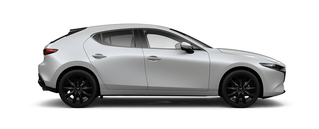 Side view of a Snowflake White Mazda3 Homura hatchback