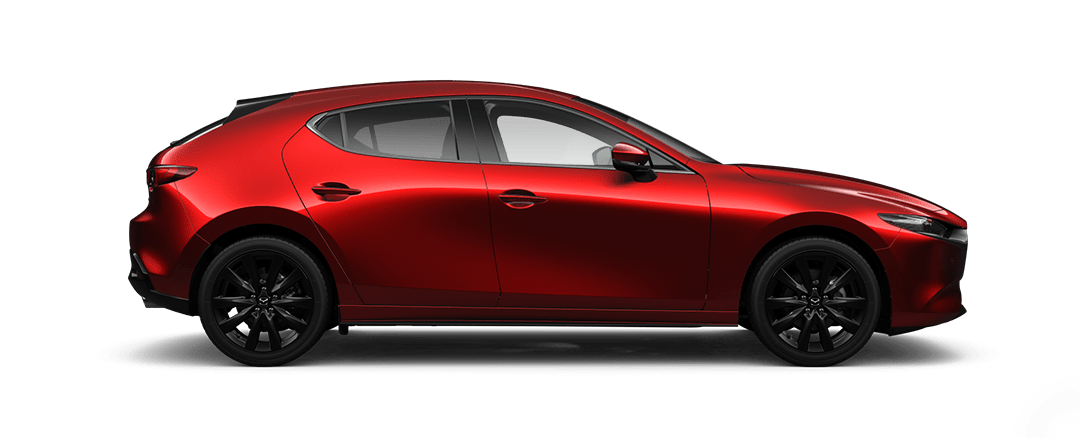 Side view of a Soul Red Mazda3 Homura hatchback